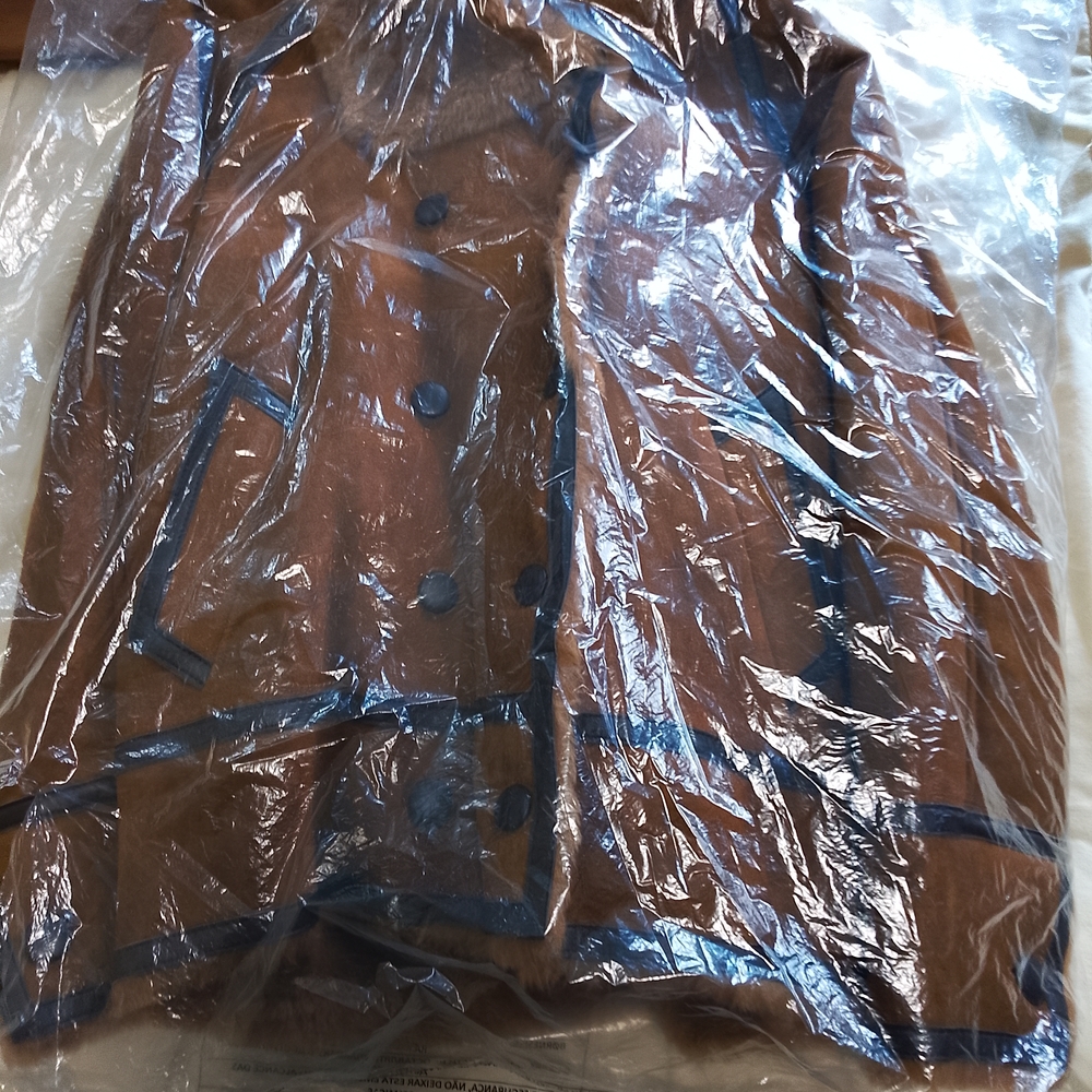 Brown Double-Breasted Coat with Blue Accents